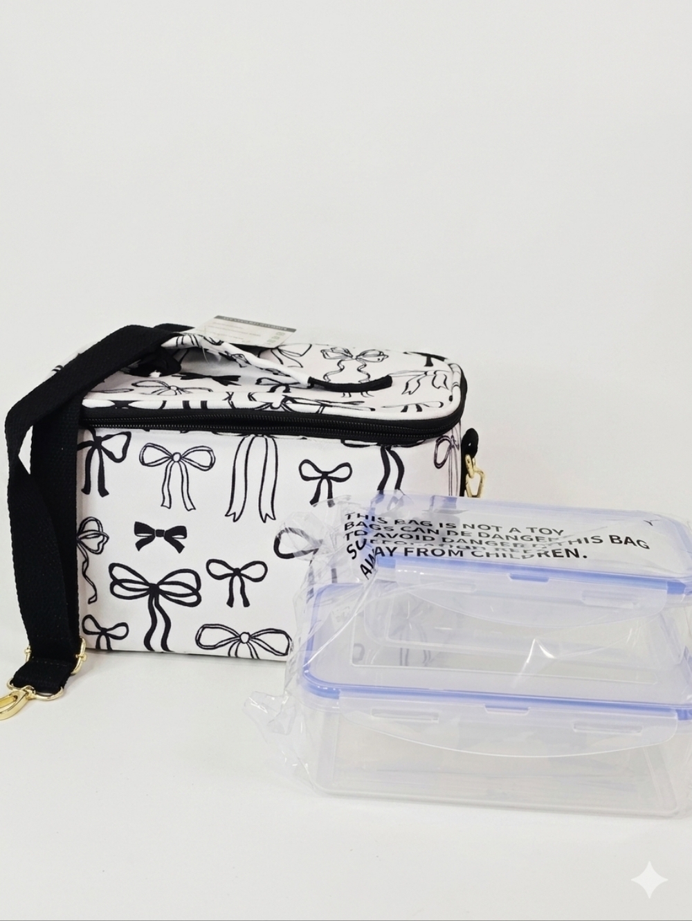 Clementine 5 Piece Black & White Bow Print Insulated Lunch Set